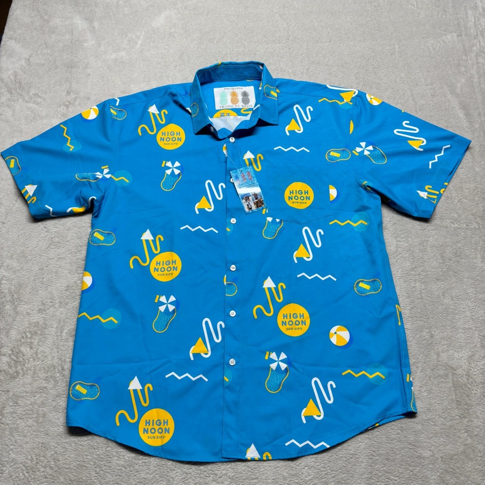 Tropical Bros Button Down Mens XL High Noon Sun Sips Blue Stretch Graphic NEW